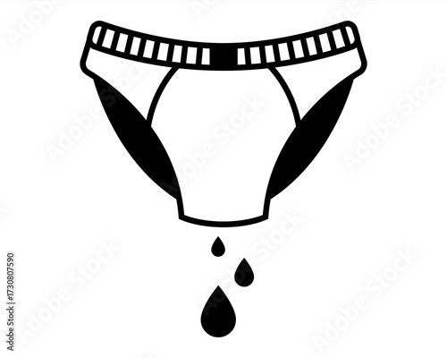 Black panties icon with drops. Leaking from panties. Flat illustration.