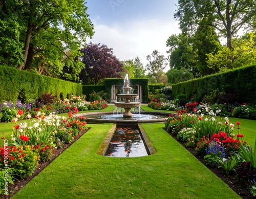 Lush formal garden with fountain