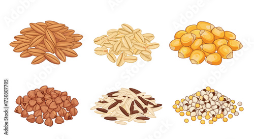 A variety of healthy grains and legumes are piled up in separate heaps for display.