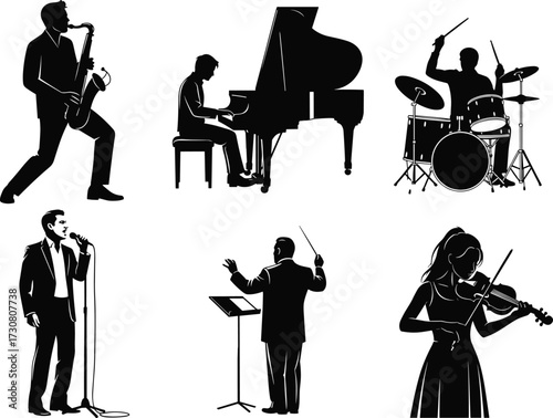 Musician silhouettes, saxophone player, pianist, drummer, singer, conductor, violinist, music performance, orchestra roles, concert scene, vector illustration, black and white