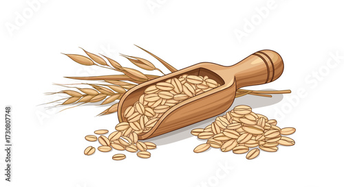 Nutritious rolled oats in a wooden scoop with a sheaf of wheat in the background.