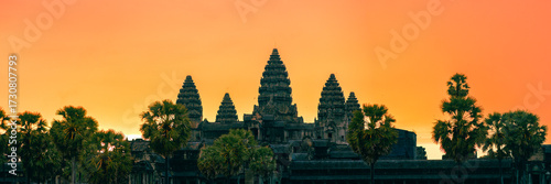 Photos Angkor Wat Temple Silhouette At Sunset With Glowing Orange Sky In Cambodia