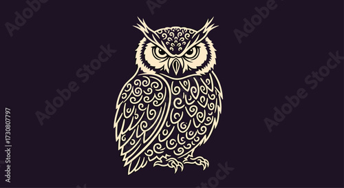 An intricate vintage illustration of an owl in profile against a dark purple background.