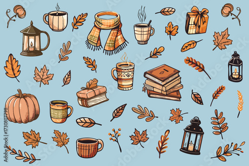 Autumn cozy clipart set, fall hygge illustration with coffee mugs, lanterns, pumpkin, books and autumn leaves