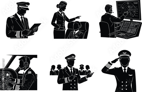 Pilot briefing, flight plan review, air traffic controller, cockpit operation, aviation training, public presentation, salute gesture, airline teamwork, silhouette vector
