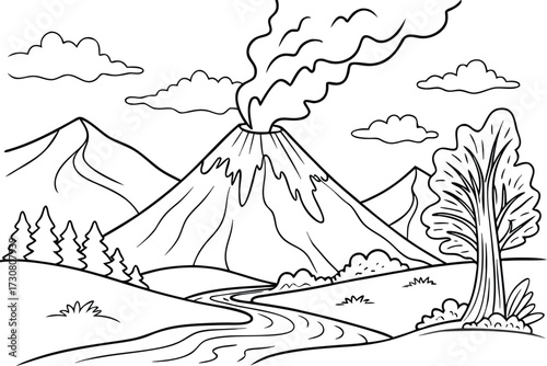 Cartoon Landscape Featuring an Erupting Volcano Mountains and a Winding River