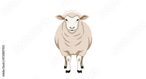 A fluffy white sheep stands facing the camera with a gentle expression.