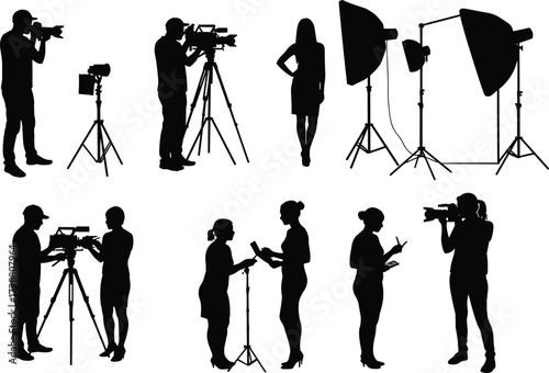 Photography and videography silhouettes, camera crew, tripod setup, lighting equipment, media production vector, studio shoot illustration, creative content creation concept
