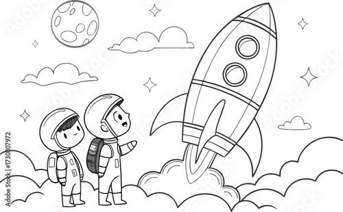 Two Astronauts Watch Rocket Launching Into Space With Moon and Stars