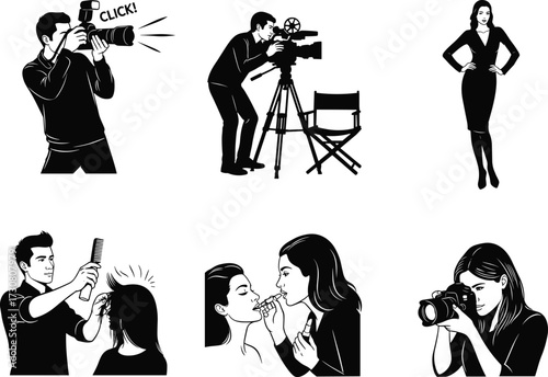 Photographer with flash, videographer filming, fashion model posing, hairstylist working, makeup artist applying, media production team, silhouette vector, creative industry
