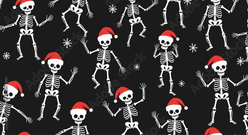 Spooky skeletons wearing santa hats dancing during a snowy christmas.