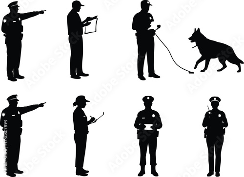 Police officer silhouette vector set, patrol poses, police dog, clipboard, law enforcement, black icons, security team, canine unit, authority figures