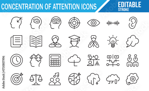 Cognitive Skills Outline Icon Set — Attention, Memory, Learning, and Time Management