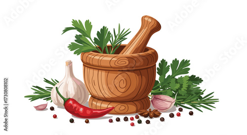 A wooden mortar and pestle filled with fresh herbs and spices sits beside garlic chili and peppercorns.