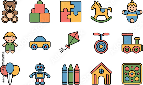 Colorful flat icon set of various children's toys and playtime related objects