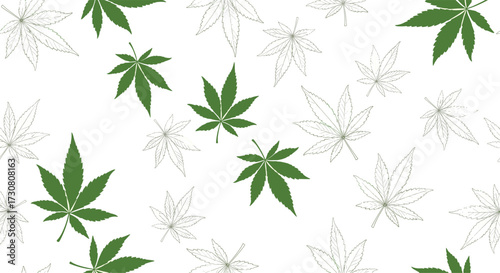 A collection of green marijuana leaves scattered across a white background creating a pattern.