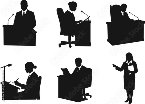 Professional speaker silhouette, podium presentation, office desk scene, public speaking roles, business communication, formal workplace vector, legal and academic concept