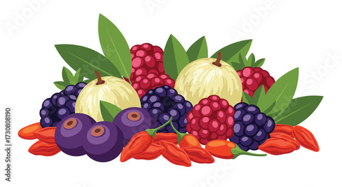 A vibrant assortment of fresh berries and fruits including blueberries raspberries goji berries and guava.
