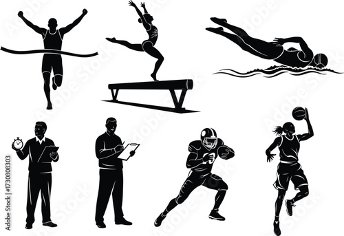 Runner crossing finish line, gymnast on balance beam, swimmer in action, football player, basketball dunk, sports officials, athletic performance, silhouette vector
