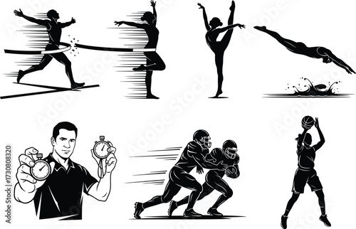 Runner finish line, figure skater pose, gymnast leg extension, swimmer diving, football tackle, basketball shot, coach stopwatch, athletic performance, silhouette vector