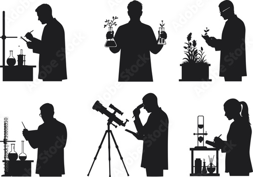 Scientist silhouette illustration, chemistry lab, plant research, telescope observation, scientific experiment, glassware setup, black figures, vector art, research icons, biology tools