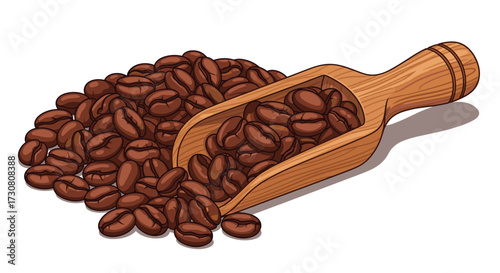 A wooden scoop rests on a pile of dark roasted coffee beans.