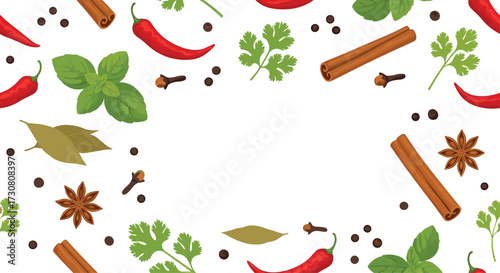 A vibrant collection of spices and herbs arranged beautifully on a white background.