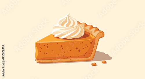 A slice of delicious pumpkin pie topped with whipped cream.