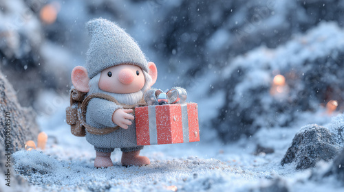 Whimsical Christmas gnome holding a gift, representing the holiday spirit, in a snowy winter forest with copy space