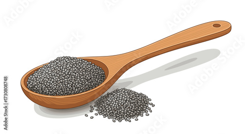 A wooden spoon filled with tiny dark seeds and a small pile of seeds next to it.