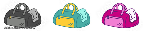 Cartoon Fitness Sports Bag with Towel in Different Colors, Cute Doodle Gym Equipment Illustration