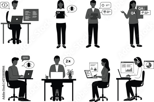 Software development team, QA testing process, debugging workflow, coding and analysis, bug tracking, tech professionals, digital workspace, productivity, IT collaboration, vector illustration