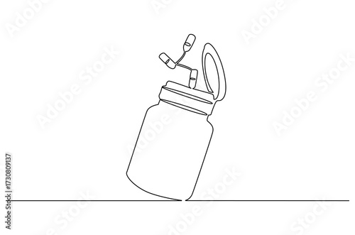 Continuous one line drawing of Pills Bottle Falling. Single line drawing illustration of Pills Falling out of bottle. Medical Capsules Container concept vector art. Doodle line illustration.