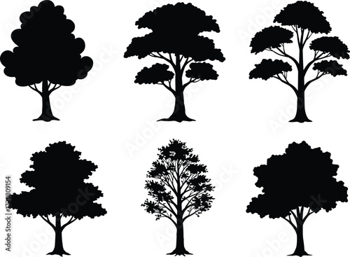 Set of tree silhouette vector illustrations with branches and leaves, natural forest landscape design, eco nature artwork for environment themes