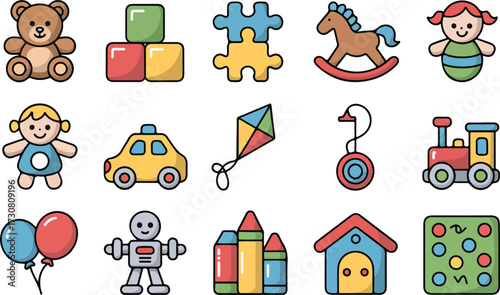 Colorful hand drawn collection of children's toys isolated on a white background