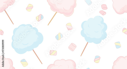 Sweet fluffy clouds of pastel cotton candy on a stick with scattered marshmallows