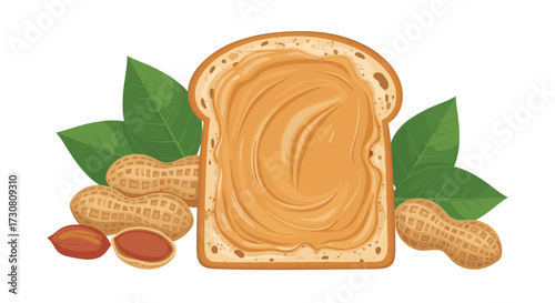Delicious peanut butter spread on toast with fresh peanuts and green leaves surrounding it.