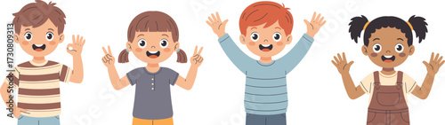 Happy diverse children group illustration, kids smiling with hand gestures, cartoon boys and girls vector, friendship, childhood fun, unity, playful character design