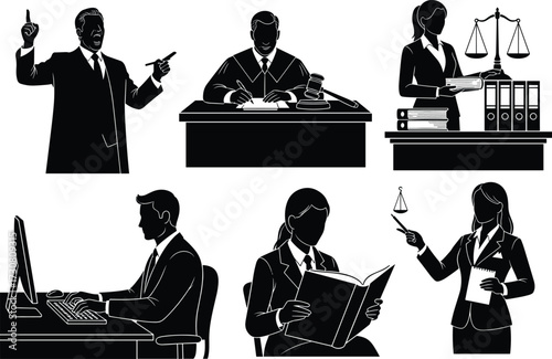 Vector illustration of legal professionals in action, including lawyers, judges, paralegals, and researchers, showcasing courtroom, advocacy, and justice-related activities and roles