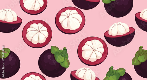 A delightful pattern of ripe purple mangosteen fruits and their segments on a soft pink background.