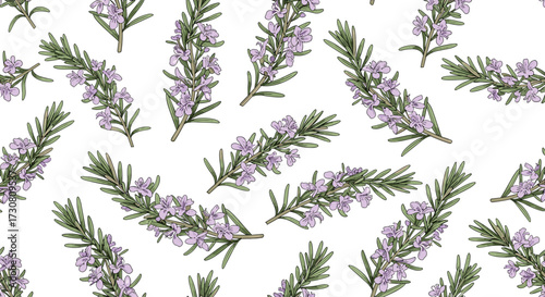 A delicate seamless pattern featuring small lavender flowers and green sprigs