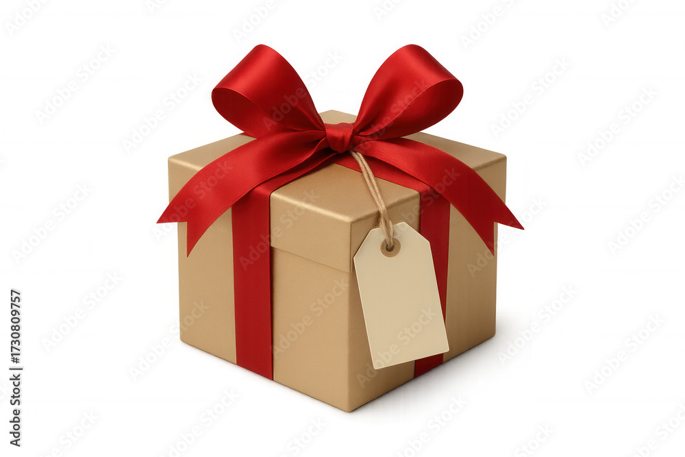 Fototapeta premium Gold gift box with red ribbon bow and blank tag, celebrating anniversary and special holiday surprises