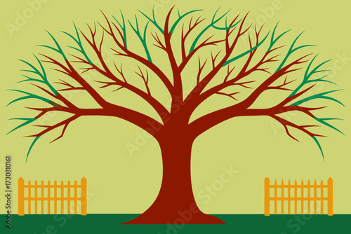 Large stylized tree with red trunk and green leaf tips on a pale yellow background