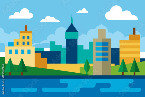 Flat design cityscape with modern buildings trees and water under a blue sky