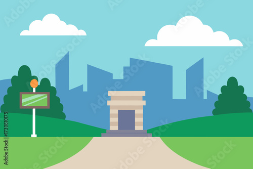 Flat design illustration of a park entrance with a monument and city skyline