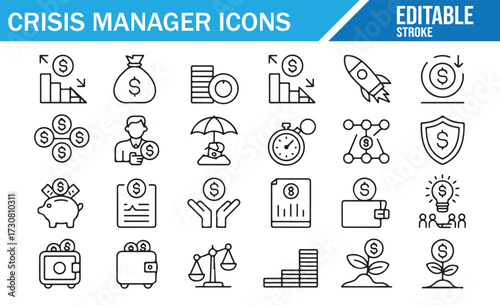 Management Resilience Icons — Vector Symbols of Risk Control, Umbrella and Recovery