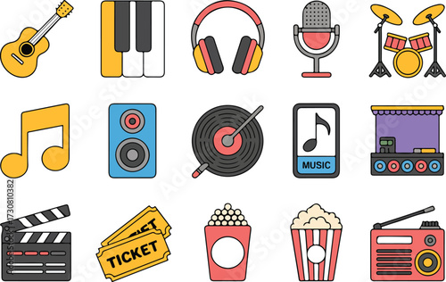 Colorful illustrated icons representing music entertainment and cinematic elements