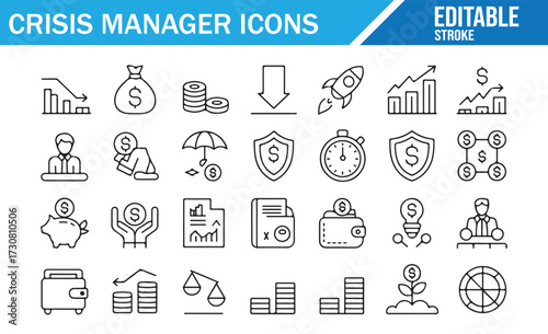 Risk & Recovery Icons — Editable Stroke Symbols for Budget, Insurance and Leadership