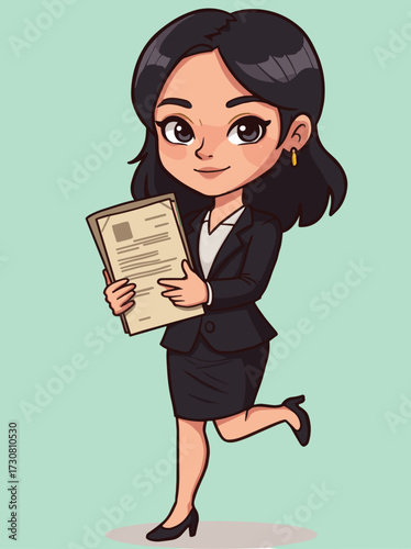 Cartoon businesswoman holding paper, confident pose, black blazer, white blouse, career concept, office attire, professional look, standing, success
