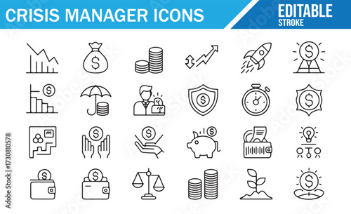 Financial Emergency Icons — Outline Set of Savings, Shield, Wallet, Charts and Strategy